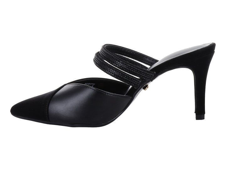 Zapato de tacón negro para mujer con punta cerrada en terciopelo y correa texturizada.