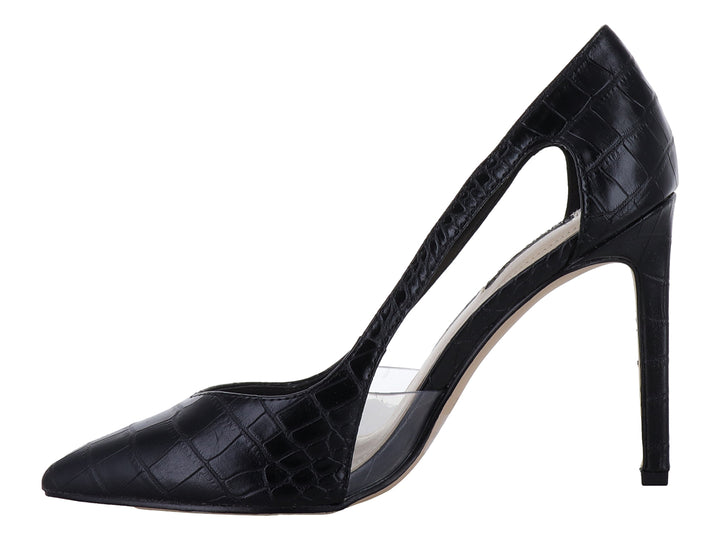 Zapato de tacón alto negro con textura de cocodrilo y panel lateral transparente.