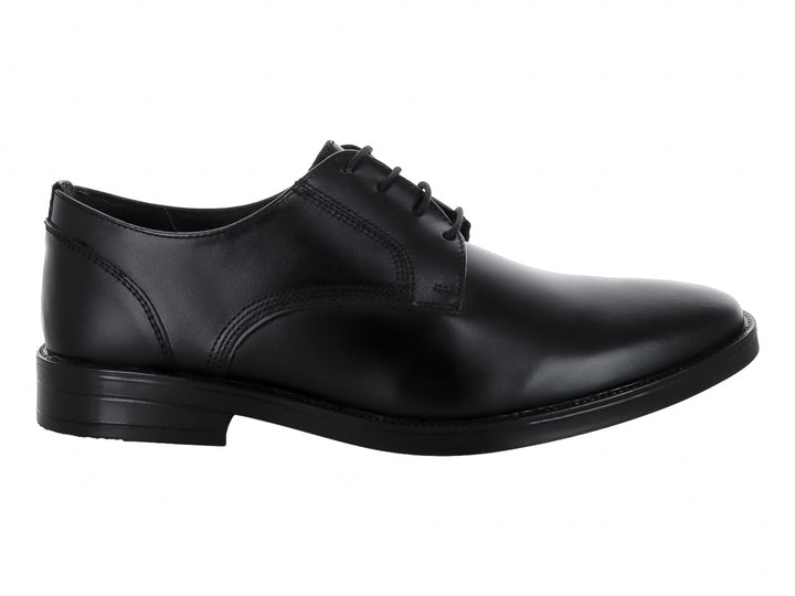 Zapato formal para hombre de cuero negro con cordones y punta redondeada.