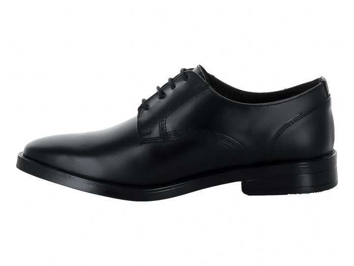 Zapato formal para hombre de cuero negro con cordones y punta redondeada.