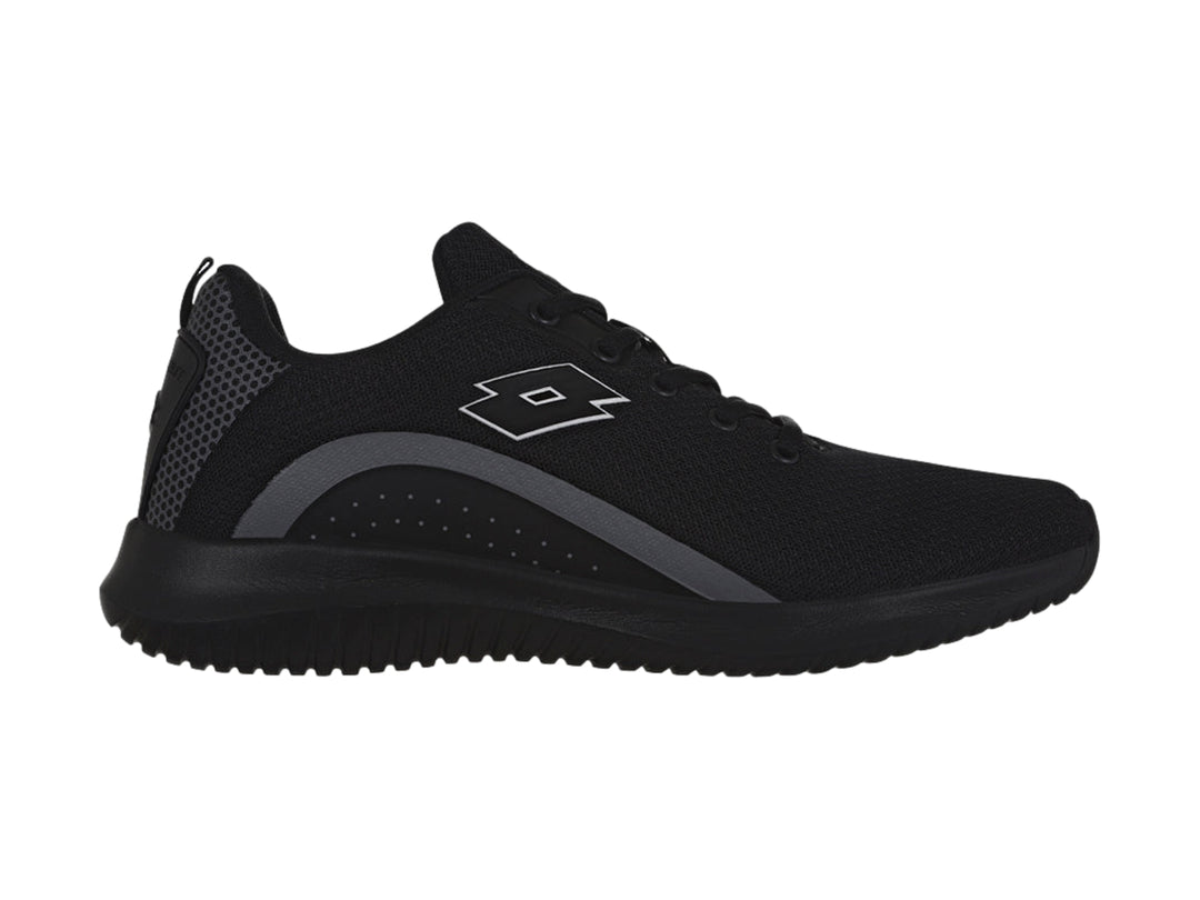 Tenis deportivos Lotto color negro con detalle lateral gris y suela negra.