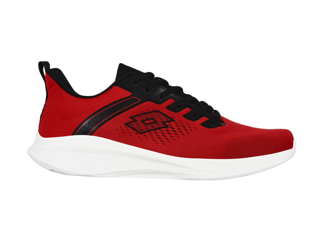 Tenis deportivos Lotto Edge color rojo con detalles en negro y suela blanca.