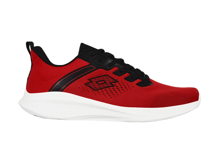 Tenis deportivos Lotto Edge color rojo con detalles en negro y suela blanca.