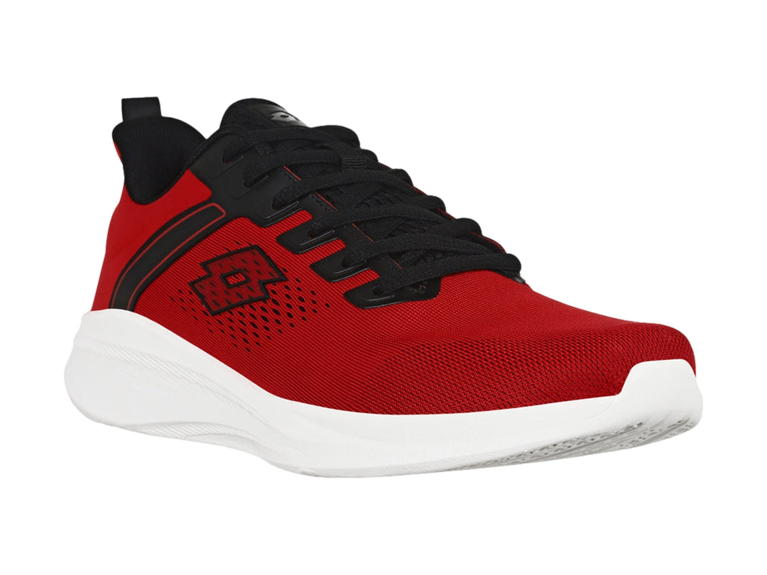 Tenis deportivos Lotto Edge color rojo con detalles en negro y suela blanca.