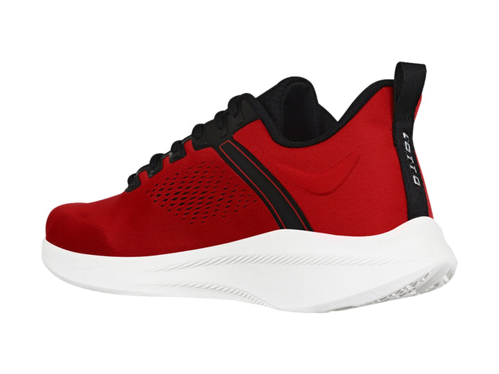 Tenis deportivos Lotto Edge color rojo con detalles en negro y suela blanca.