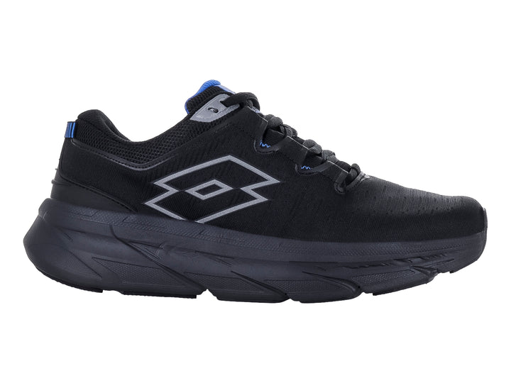 Tenis deportivos Lotto color negro mono con detalles en azul y suela robusta.