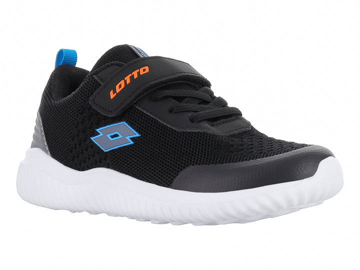 Tenis deportivos Lotto color negro con suela blanca y detalles en azul.