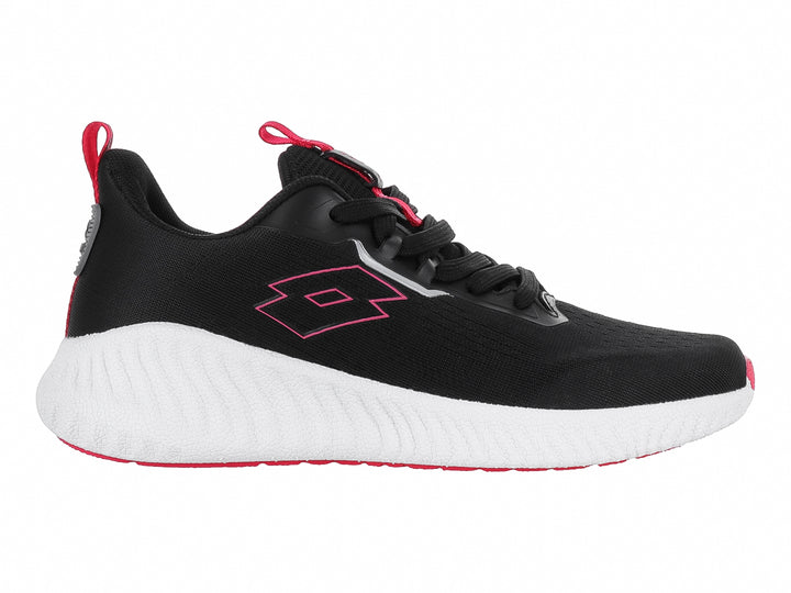 Tenis deportivos Lotto color negro con suela blanca y detalles en rosa.