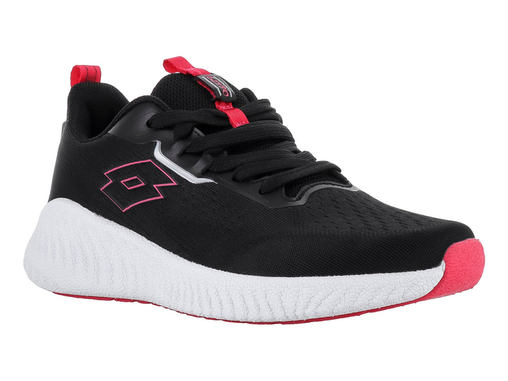 Tenis deportivos Lotto color negro con suela blanca y detalles en rosa.