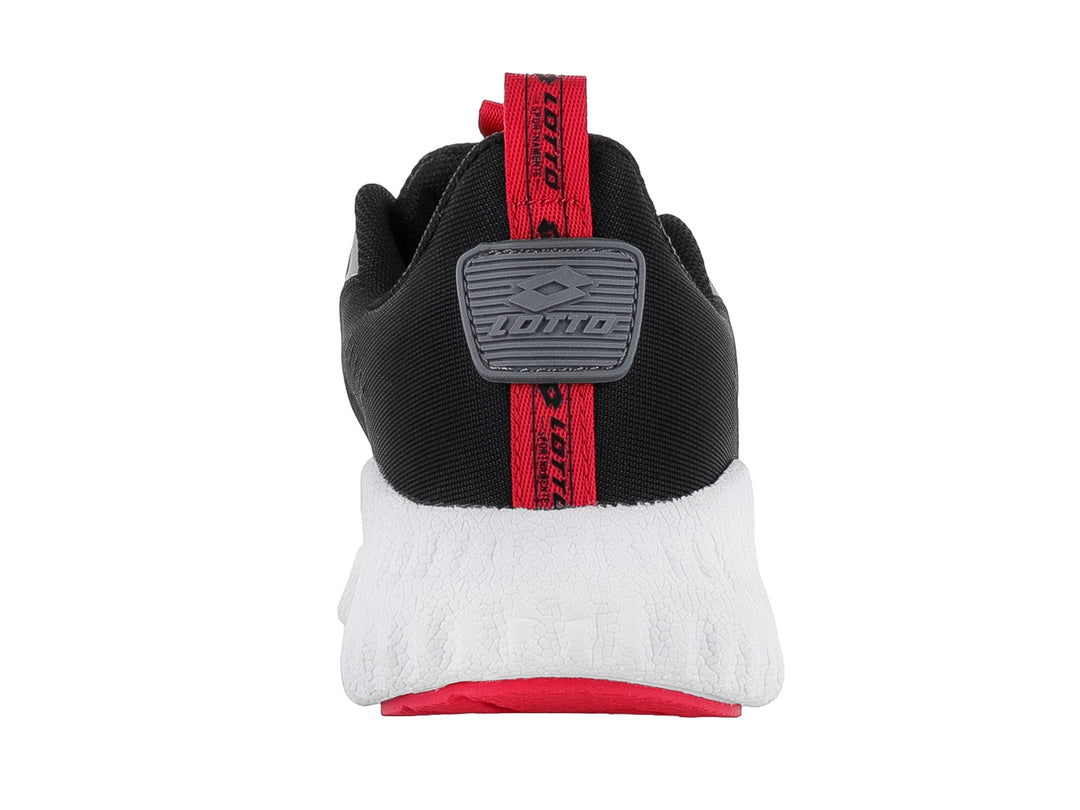Tenis deportivos Lotto color negro con suela blanca y detalles en rosa.