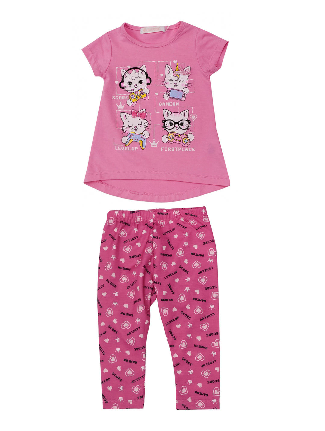 Conjunto de ropa fucsia para niña con camiseta de gatos gamers y leggings estampados.
