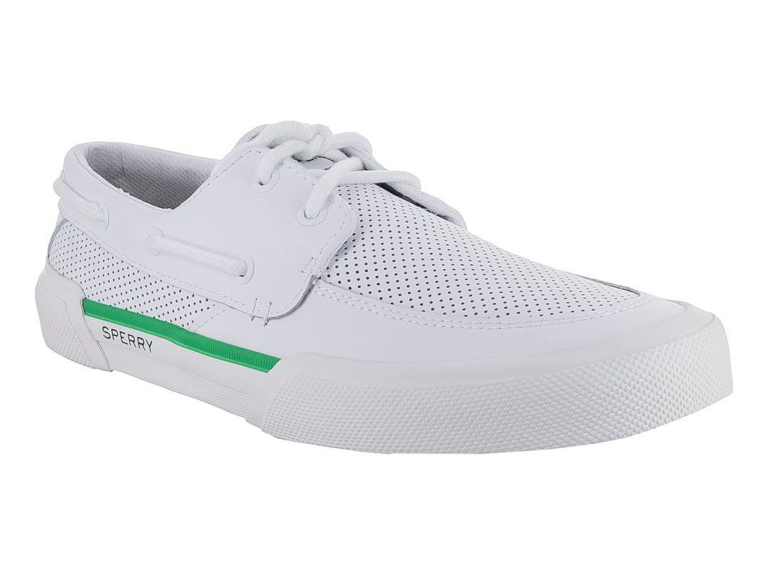 Zapato casual Sperry blanco con perforaciones y detalle verde en la suela.