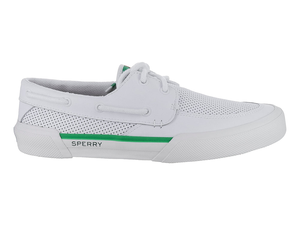 Zapato casual Sperry blanco con perforaciones y detalle verde en la suela.