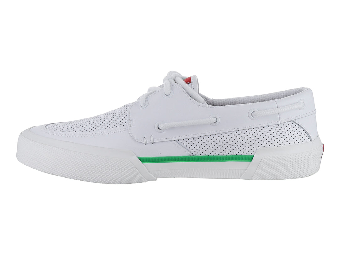 Zapato casual Sperry blanco con perforaciones y detalle verde en la suela.