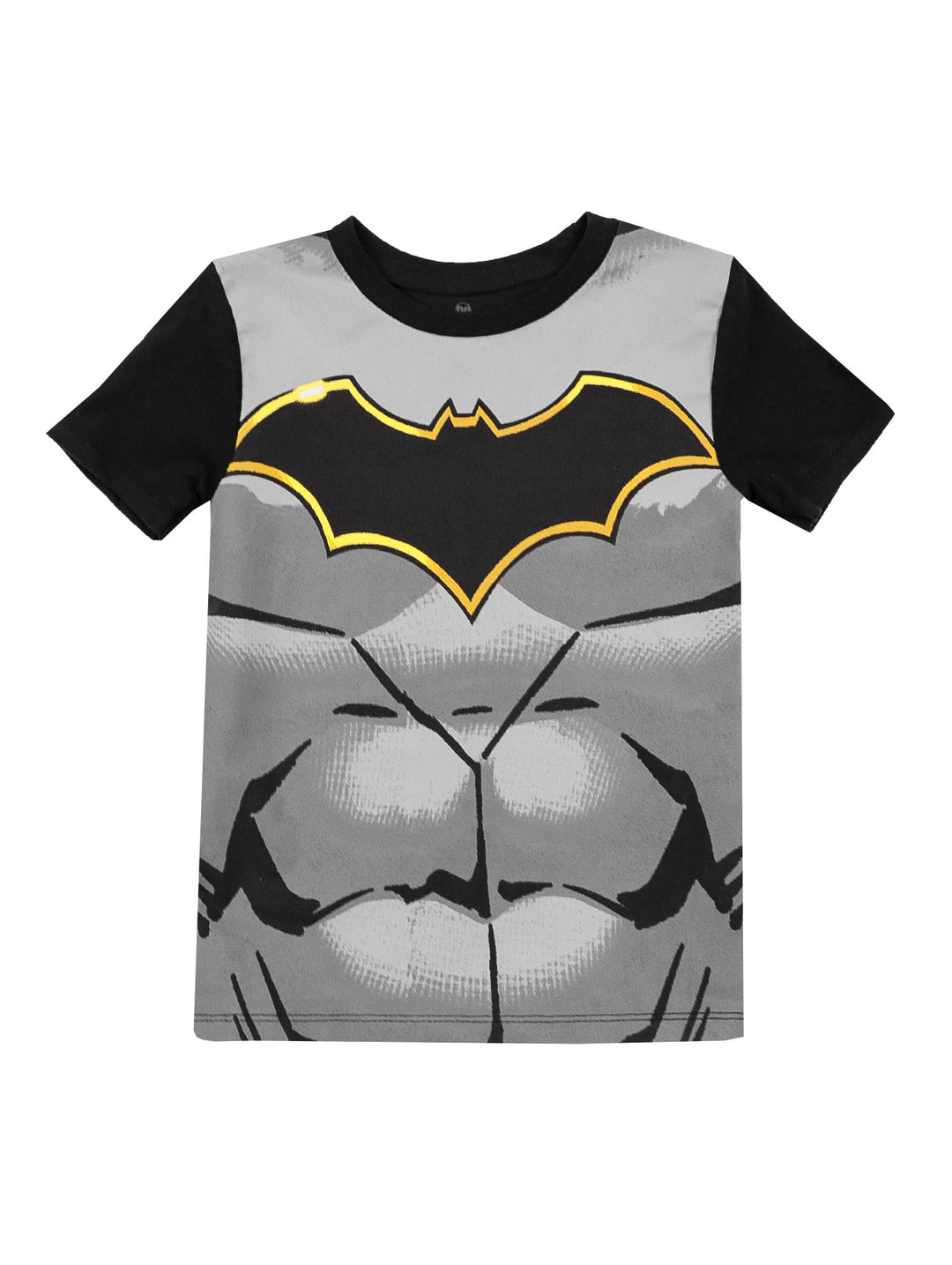 Camiseta infantil de Batman con mangas negras y cuerpo gris con estampado de músculos y logo.