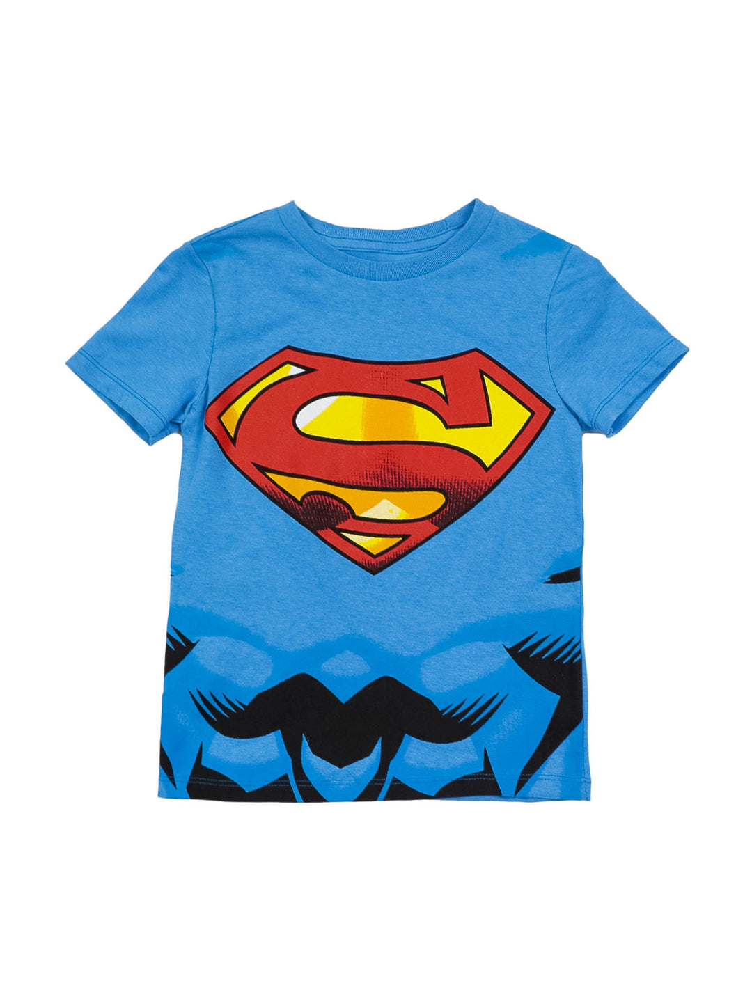 Camiseta azul infantil con logotipo de Superman y estampado negro en la parte inferior.