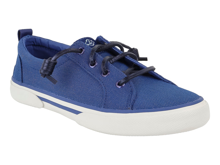 Zapato casual Sperry color azul marino con suela blanca y cordones.