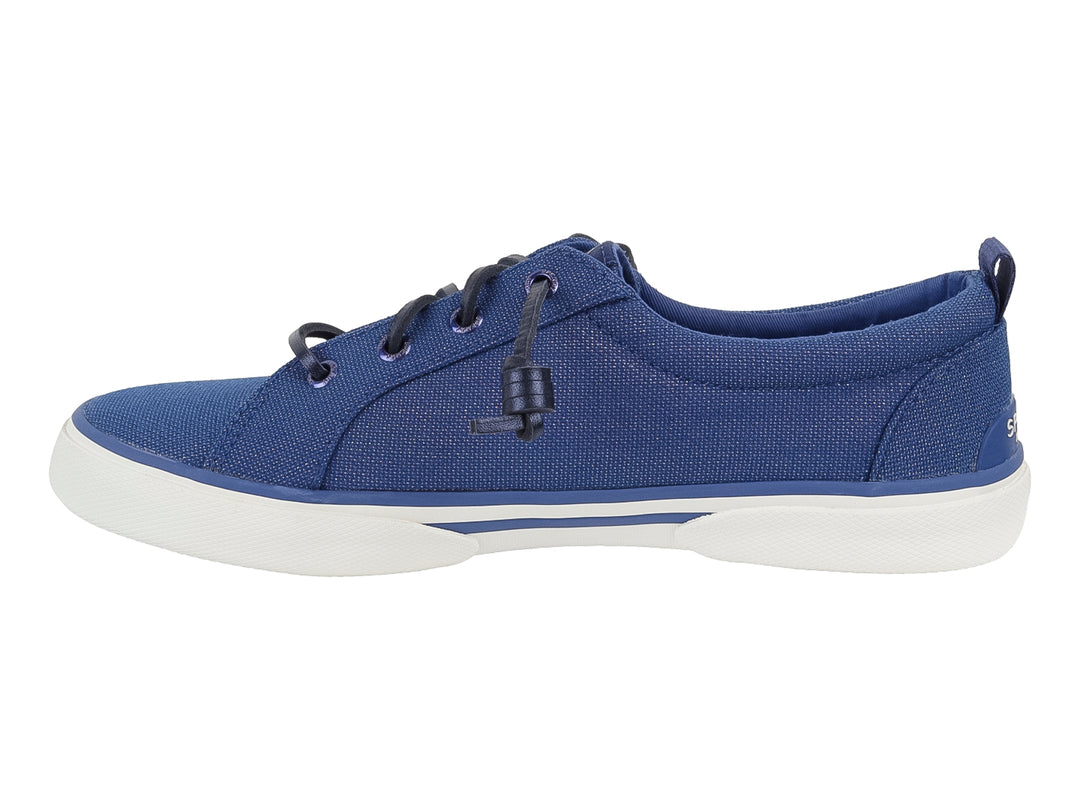 Zapato casual Sperry color azul marino con suela blanca y cordones.