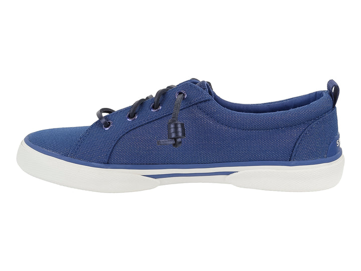 Zapato casual Sperry color azul marino con suela blanca y cordones.