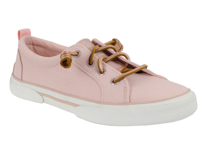 Zapato casual Sperry color blush con suela blanca y agujetas doradas.