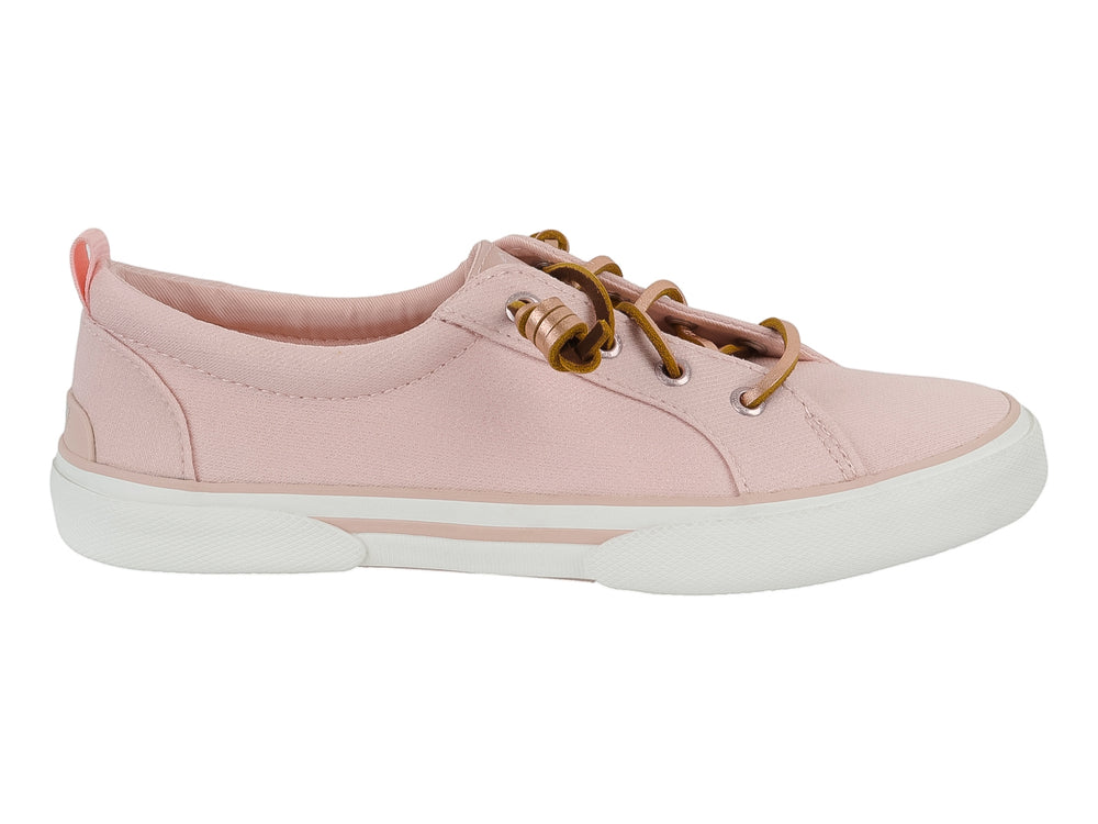 Zapato casual Sperry color blush con suela blanca y agujetas doradas.