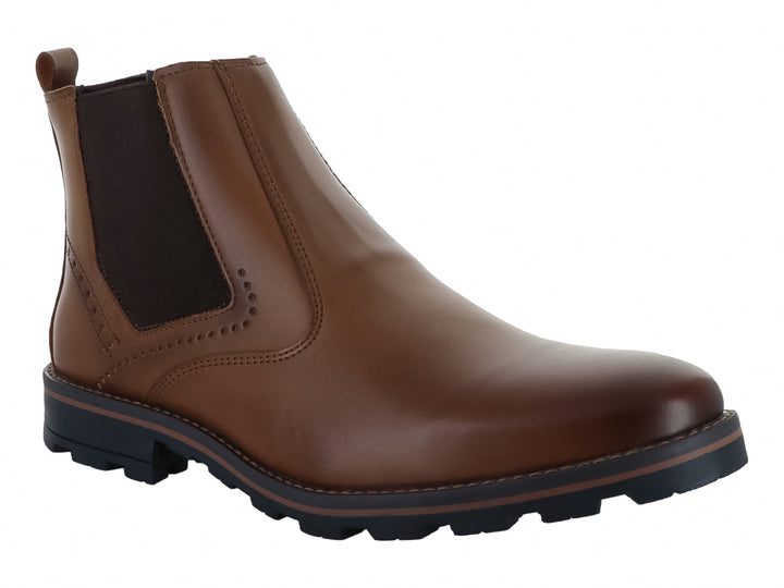 Bota estilo Chelsea de color marrón maple con suela oscura y paneles elásticos laterales.