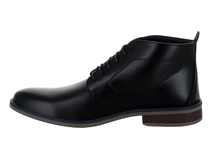 Botín negro de cuero con cordones y suela en tonos marrón y azul.