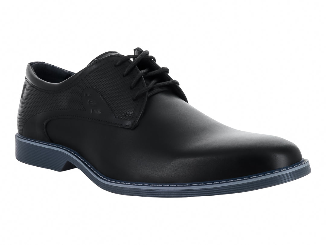 Zapato formal negro para hombre con agujetas y suela azul marino.
