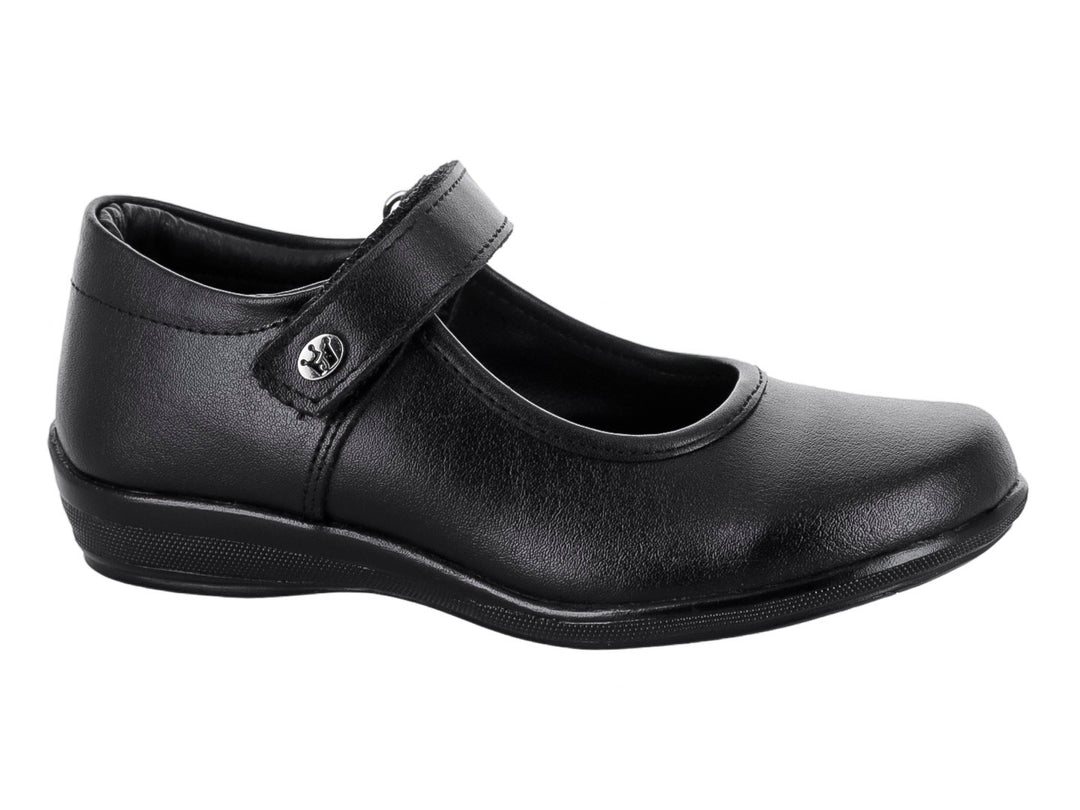 Zapato escolar negro para niño o niña con correa y acabado sintético.