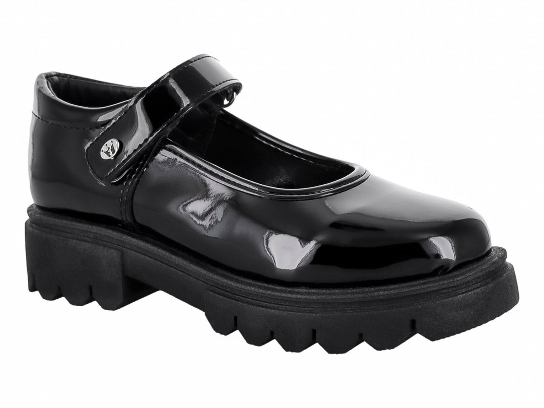 Zapato infantil de charol negro estilo Mary Jane con suela gruesa dentada y correa ajustable.