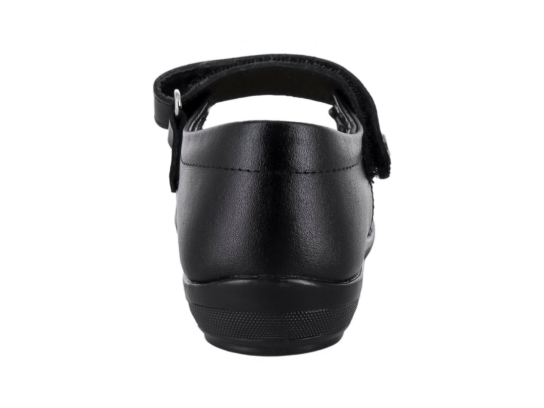 Zapato escolar negro para niño o niña con cierre de correa y suela cómoda.