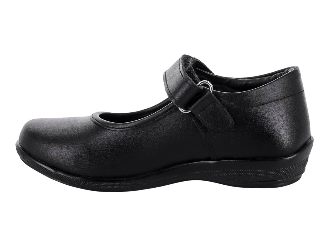 Zapato escolar negro para niño o niña con cierre de correa y suela cómoda.