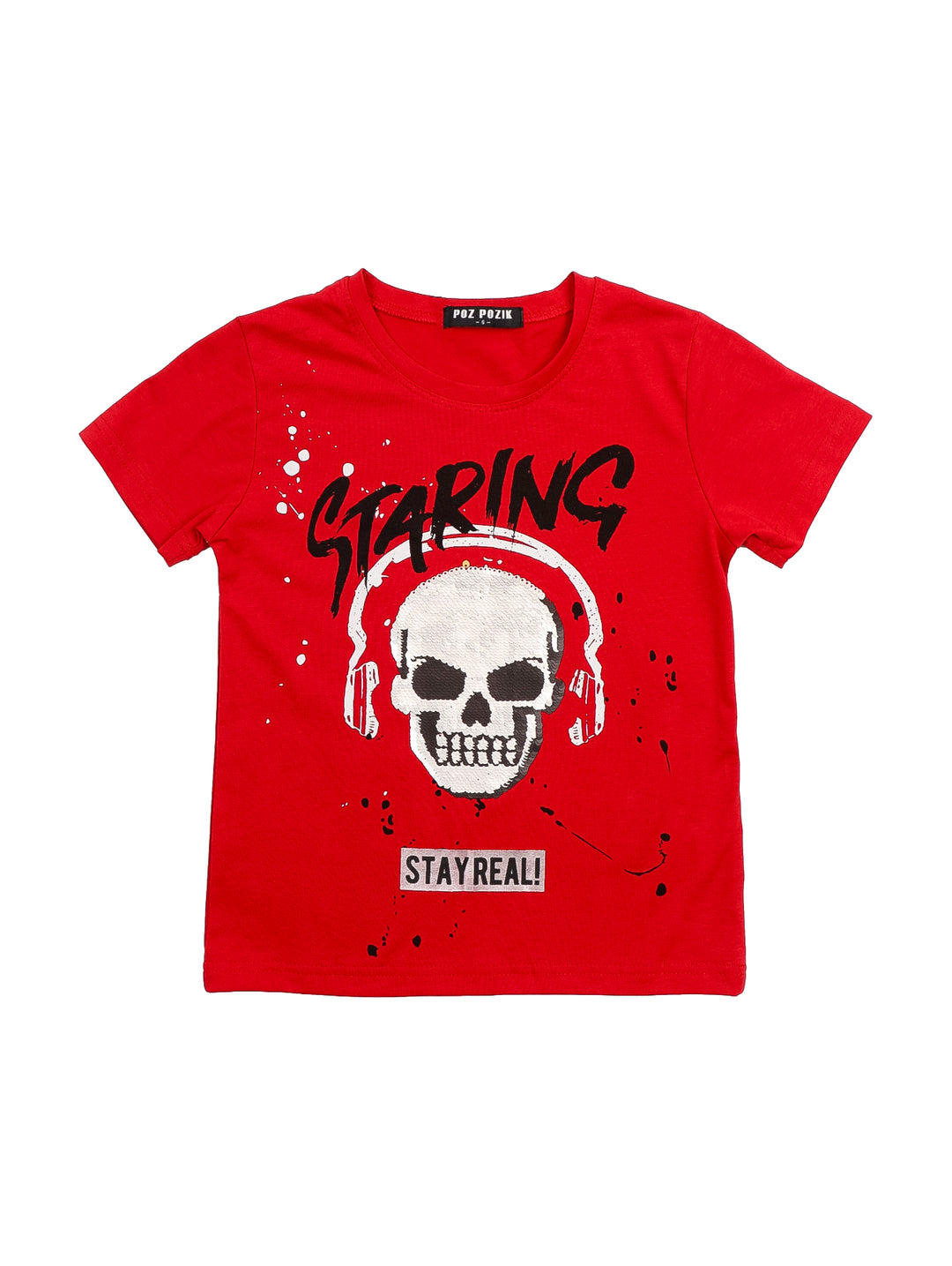 Playera roja para niño con estampado de calavera con audífonos y texto &