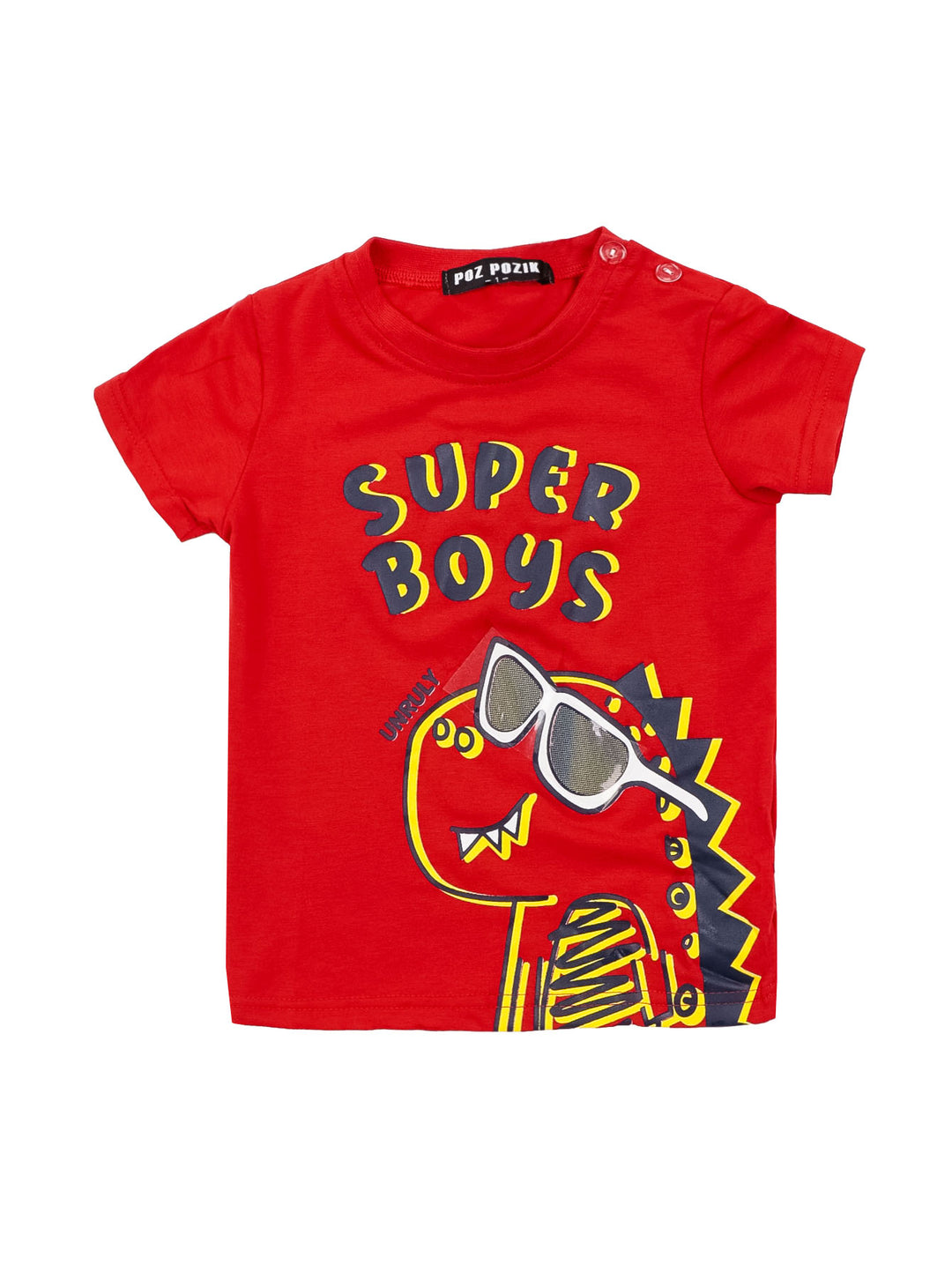 Playera roja para Niño con estampado de dinosaurio y texto 'SUPER BOYS'.