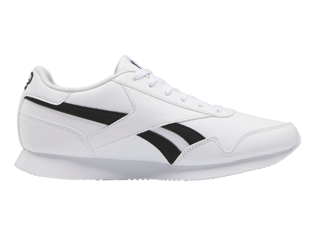 Tenis deportivos Reebok color blanco con franjas negras laterales y suela blanca.