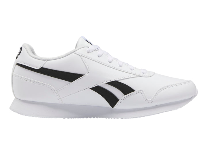 Tenis deportivos Reebok color blanco con franjas negras laterales y suela blanca.