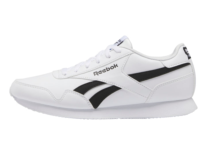 Tenis deportivos Reebok color blanco con franjas negras laterales y suela blanca.