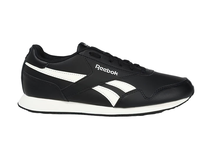 Tenis deportivos Reebok color negro con franjas y suela blanca.