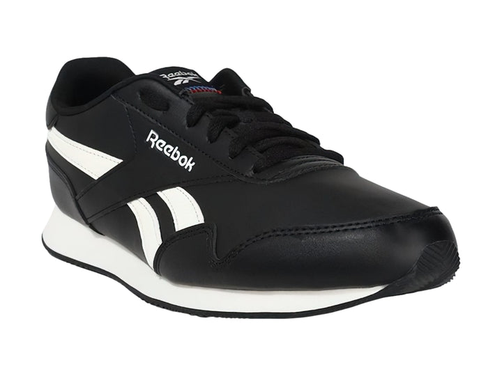 Tenis deportivos Reebok color negro con franjas y suela blanca.