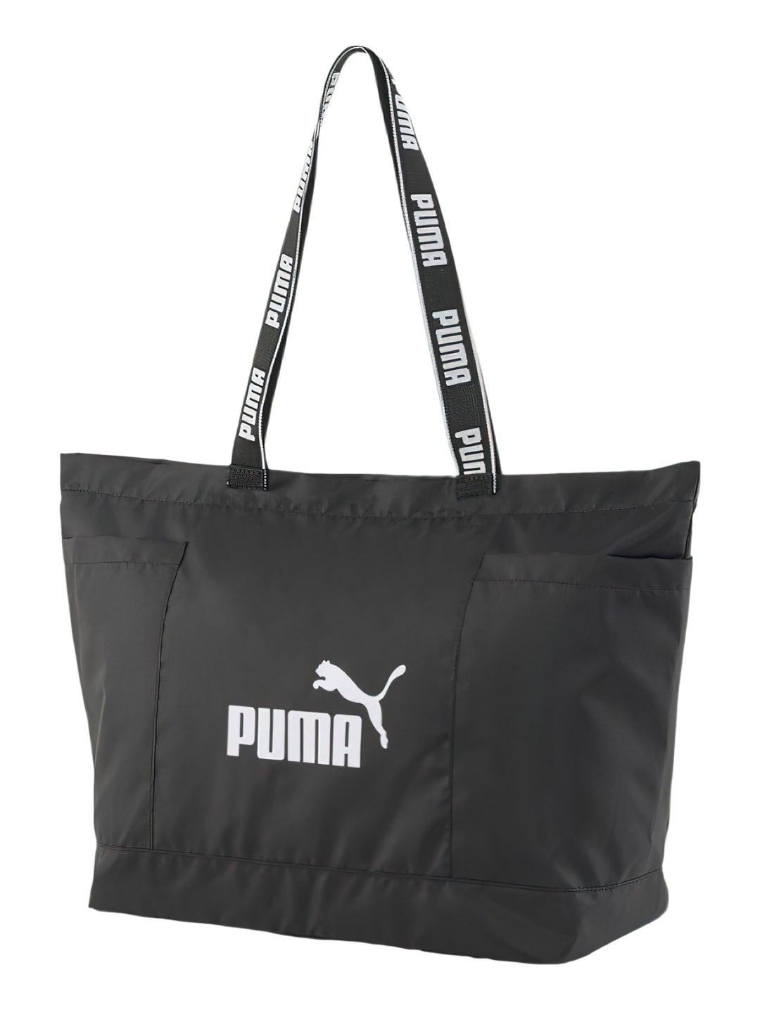 Bolsa de hombro PUMA Core Base Large Shopper en color negro con logotipo blanco frontal y asas con texto.