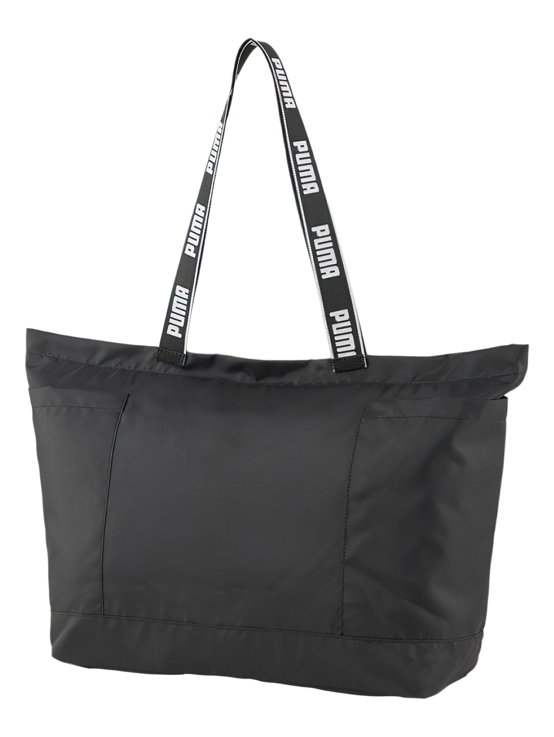Bolsa de hombro PUMA Core Base Large Shopper en color negro con logotipo blanco frontal y asas con texto.