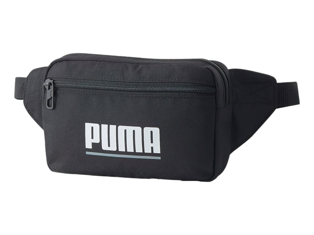 Riñonera PUMA color negro con logotipo blanco frontal y cierre superior.