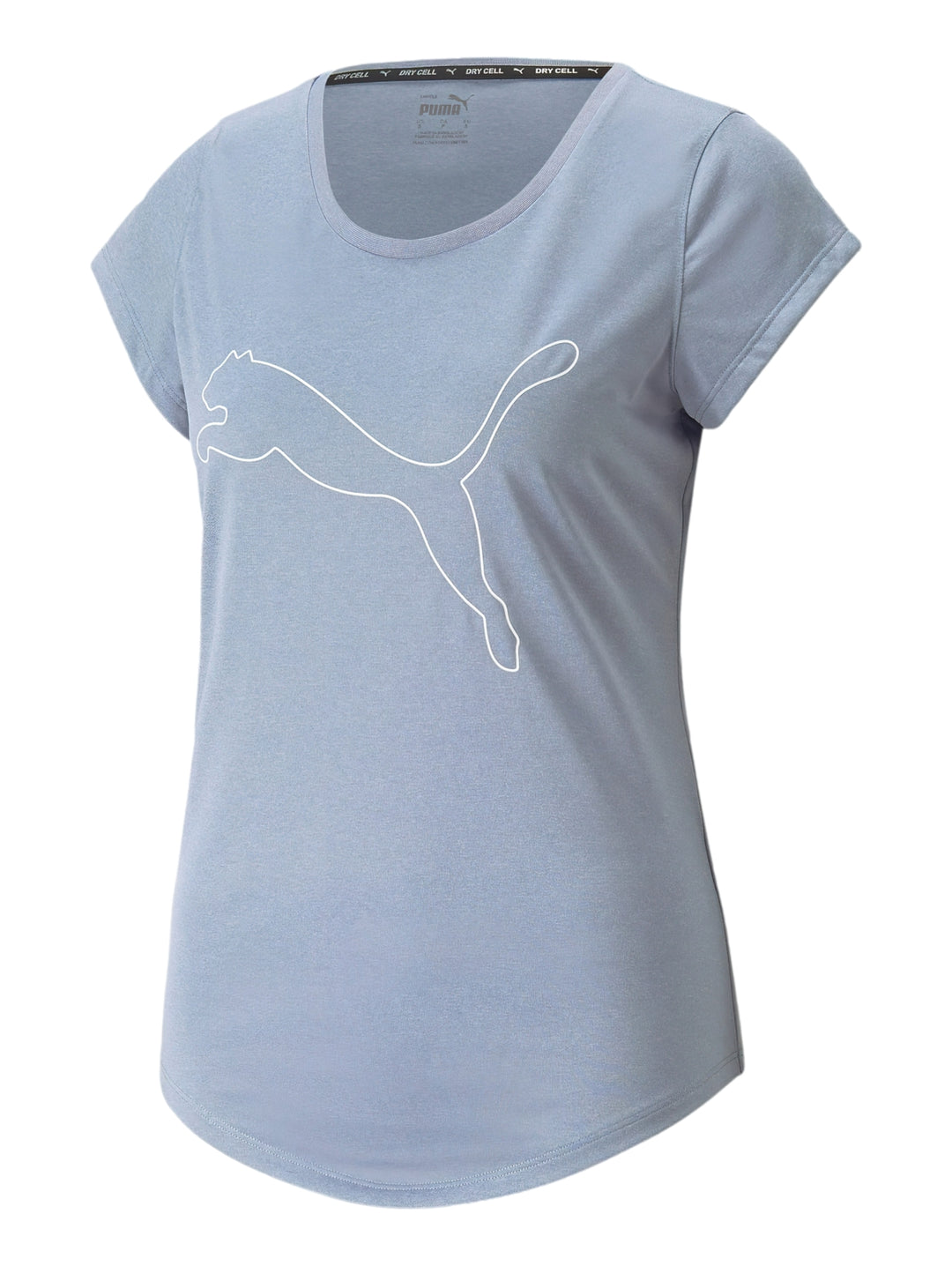 Playera deportiva PUMA color azul grisáceo con contorno del logo del gato en blanco.