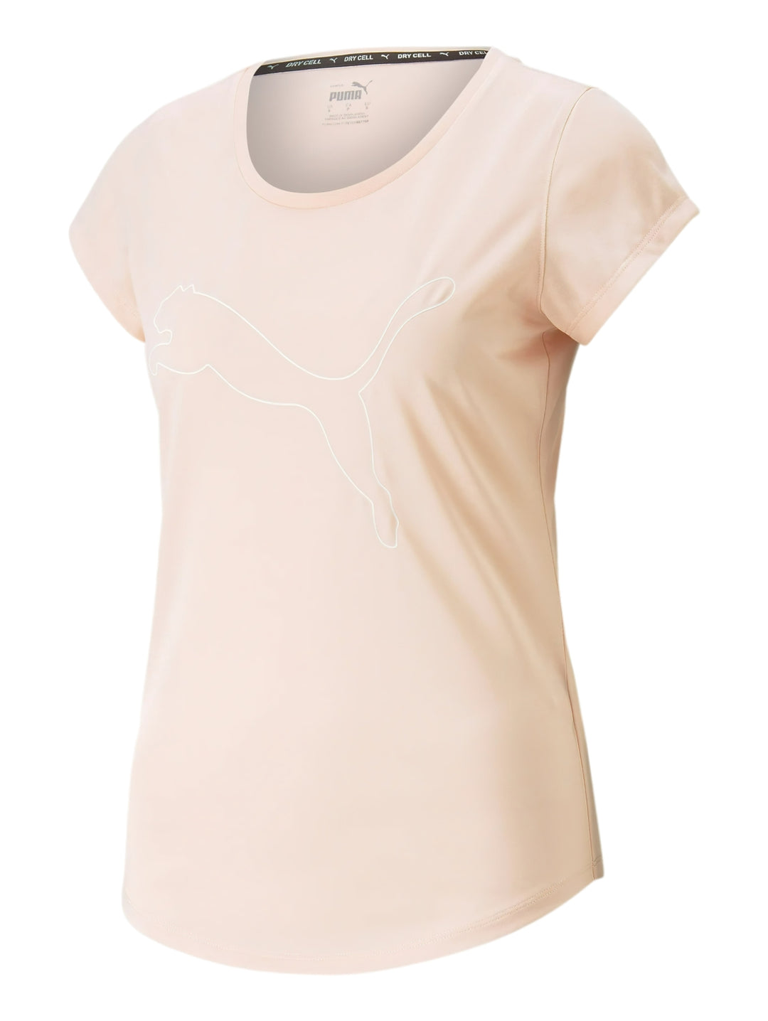 Camiseta deportiva PUMA de color rosa claro con cuello redondo y logo frontal.
