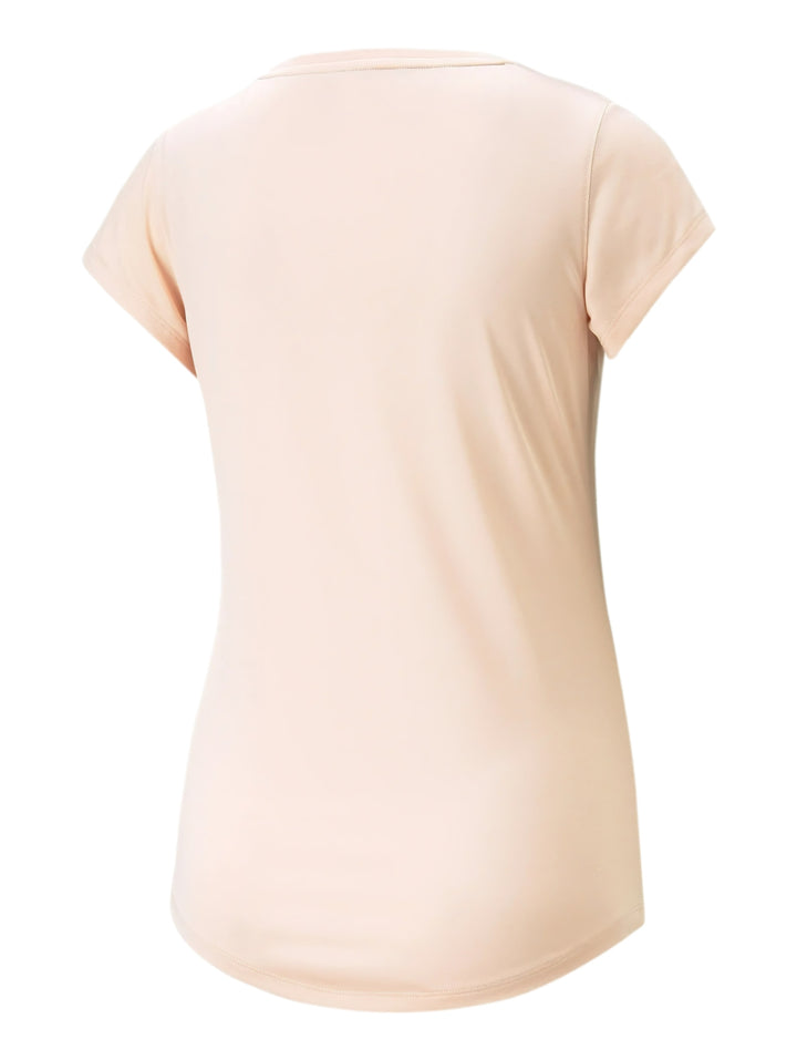 Camiseta deportiva PUMA de color rosa claro con cuello redondo y logo frontal.