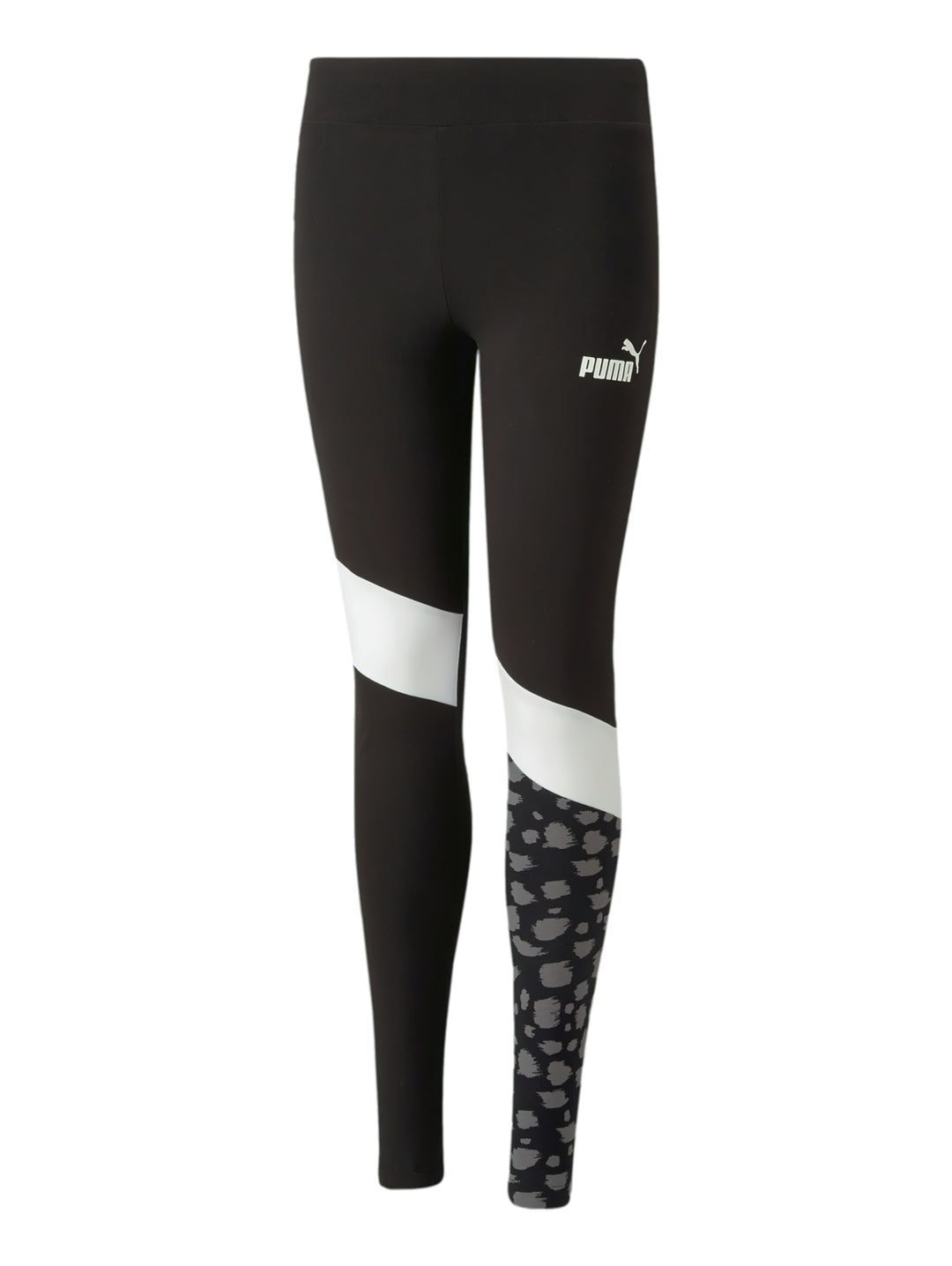 Leggings deportivos PUMA color negro con bloques blancos y estampado animal en la pierna izquierda.