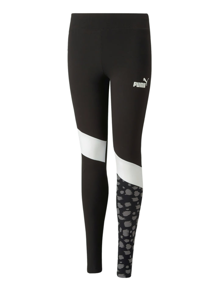 Leggings deportivos PUMA color negro con bloques blancos y estampado animal en la pierna izquierda.