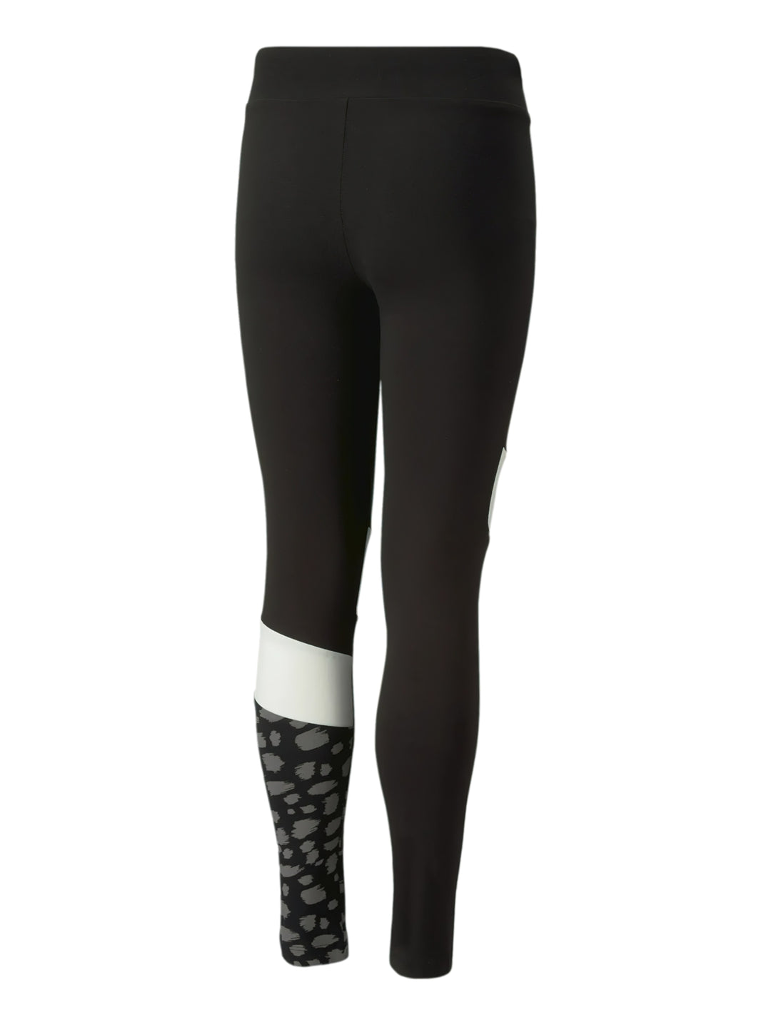 Leggings deportivos PUMA color negro con bloques blancos y estampado animal en la pierna izquierda.