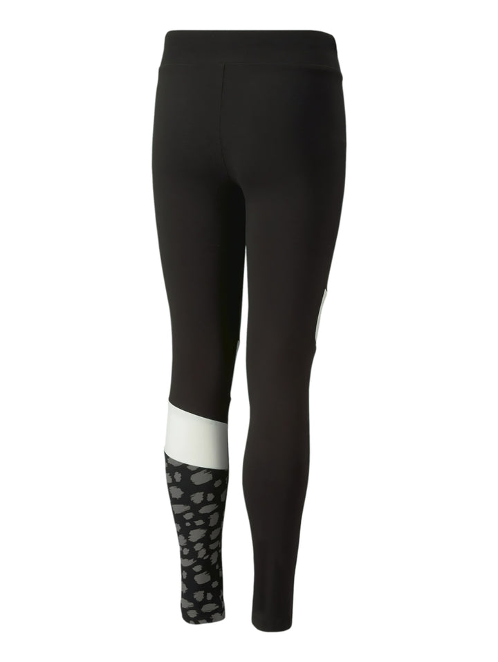 Leggings deportivos PUMA color negro con bloques blancos y estampado animal en la pierna izquierda.