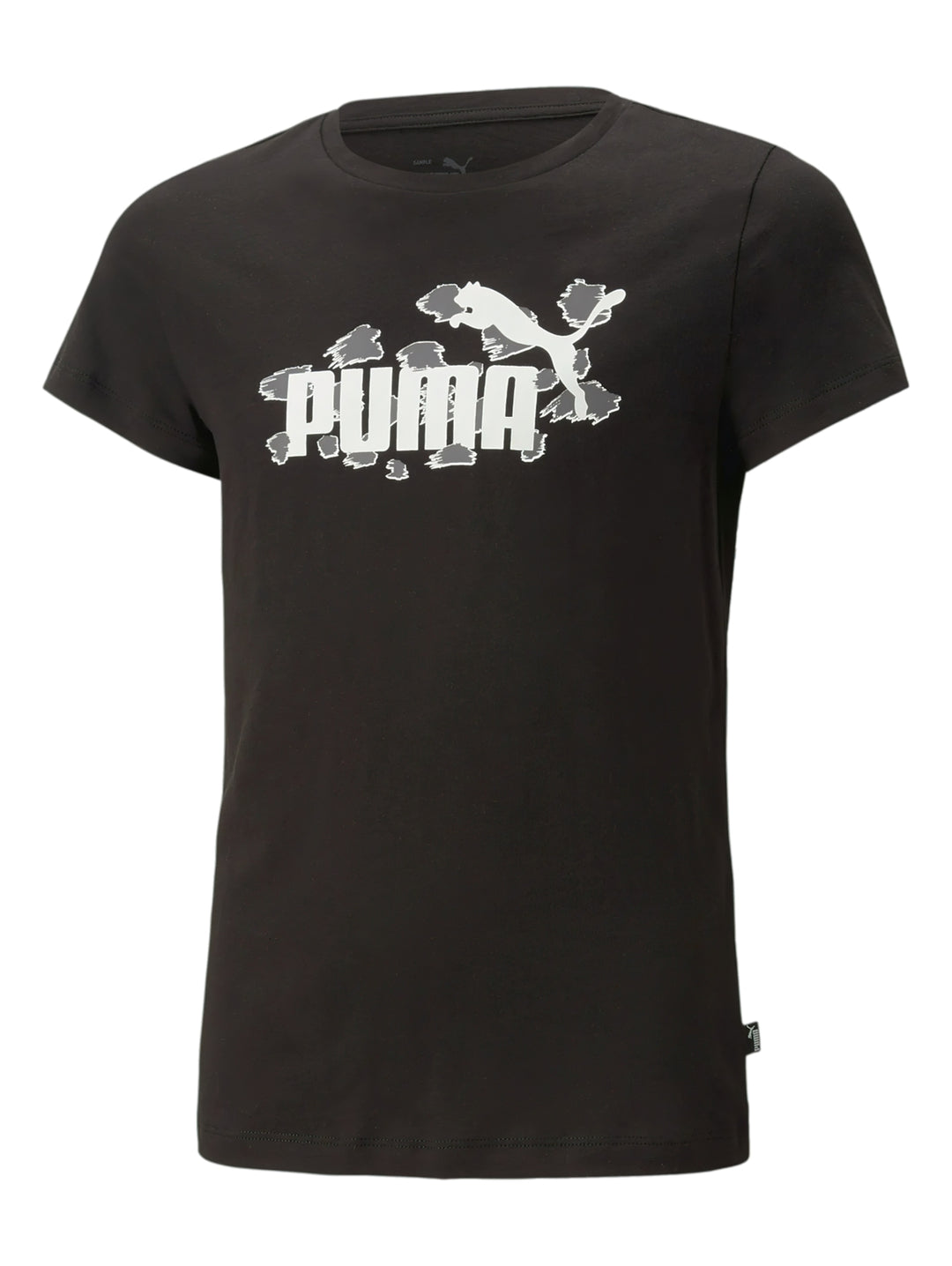 Camiseta deportiva PUMA de color negro con logotipo blanco en el pecho y cuello redondo.